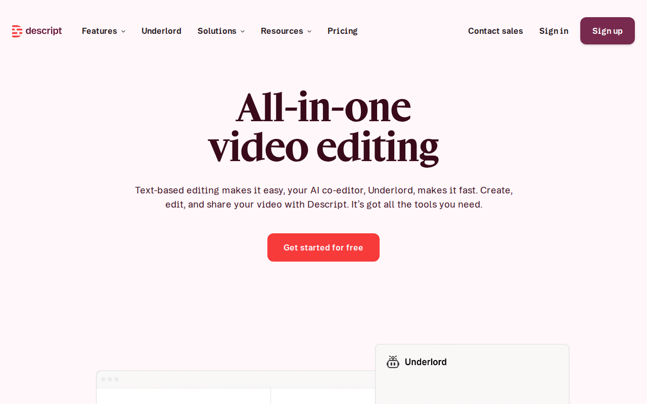 Descript video editing interface showing transcript-based timeline