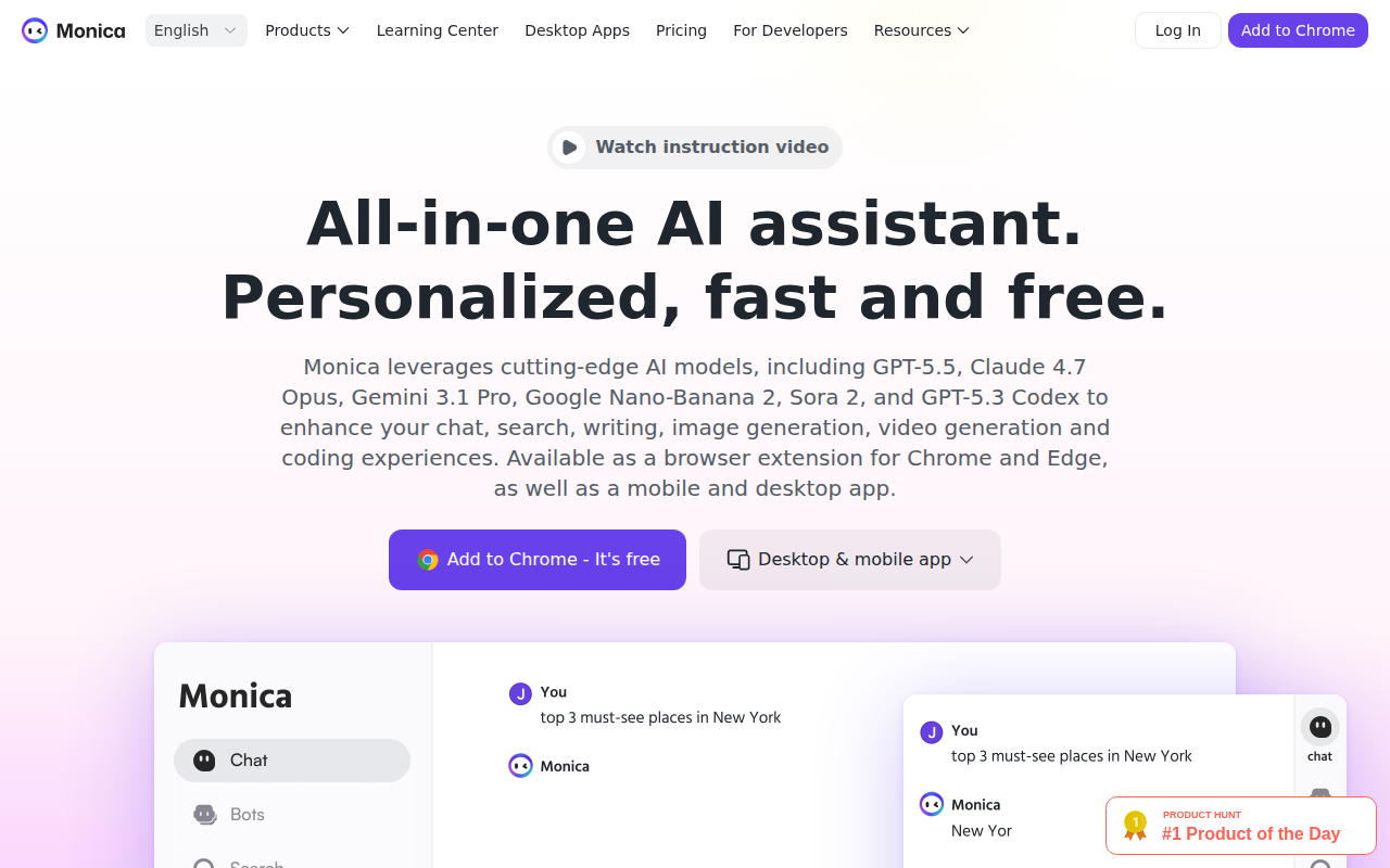 Monica AI Chrome extension interface with PDF chat features