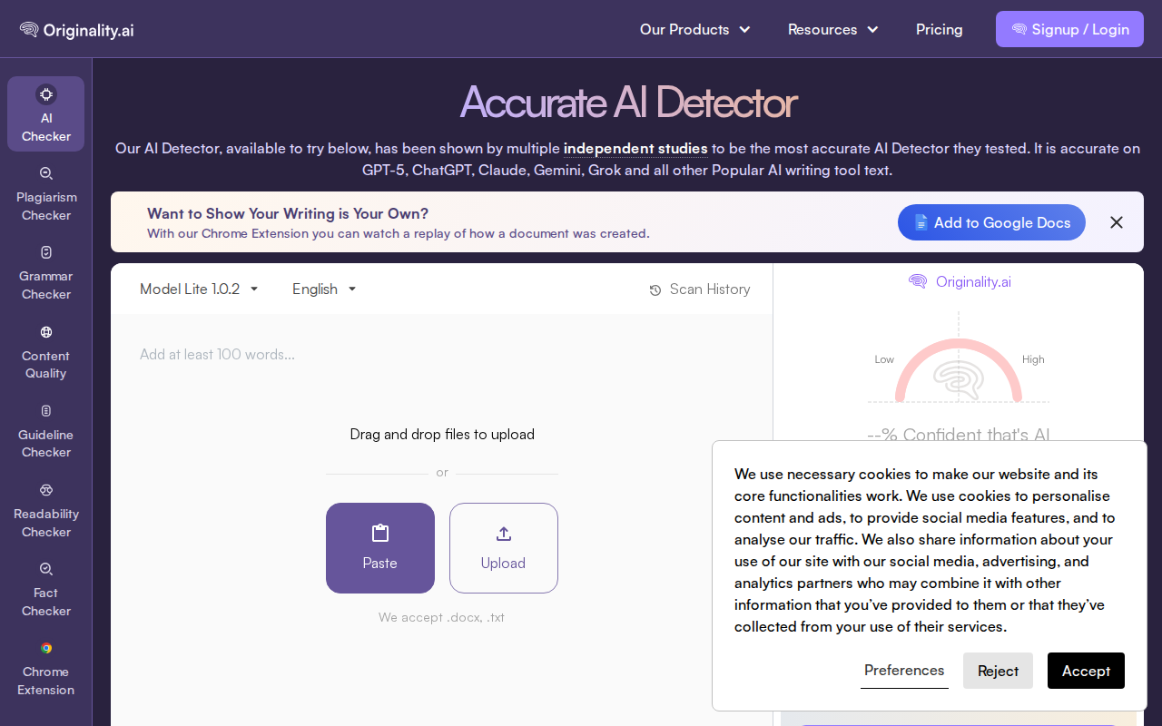 Originality.ai dashboard showing AI detection results